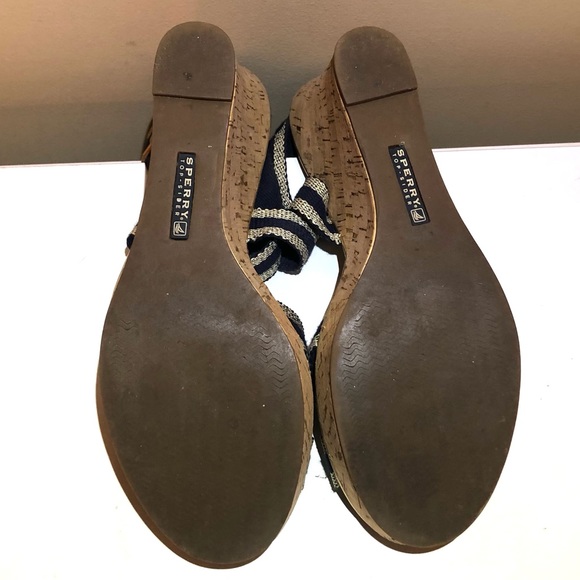 Sperry Topsider Navy Blue & Gold Crisscross Front Cork Heel Sandal. 4” heel - Picture 11 of 11